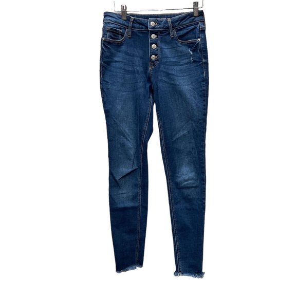 Old Navy Super Skinny High Rise Rockstar Blue Jeans Size‎ 4 Button Up Raw Hem - Picture 1 of 12